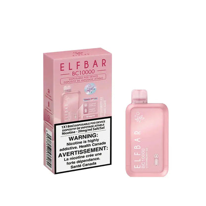 An ELFBAR BC10000 Strawberry Ice disposable vape device and its pink packaging box featuring a nicotine warning label and product specifications.