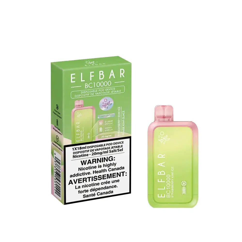 An ELFBAR BC10000 Strawberry Kiwi Ice disposable vape device and its green cardboard packaging featuring a nicotine warning label.