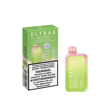 An ELFBAR BC10000 Strawberry Kiwi Ice disposable vape device and its green cardboard packaging featuring a nicotine warning label.