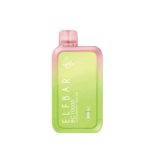 An ELFBAR BC10000 Strawberry Kiwi Ice disposable vape featuring a lime green and pink gradient body with a translucent pink mouthpiece, labeled with white text and battery and liquid indicators.