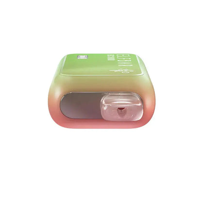 Top-down view of an ELFBAR BC10000 Strawberry Kiwi Ice disposable vape featuring a green and pink gradient body with a clear plastic mouthpiece.