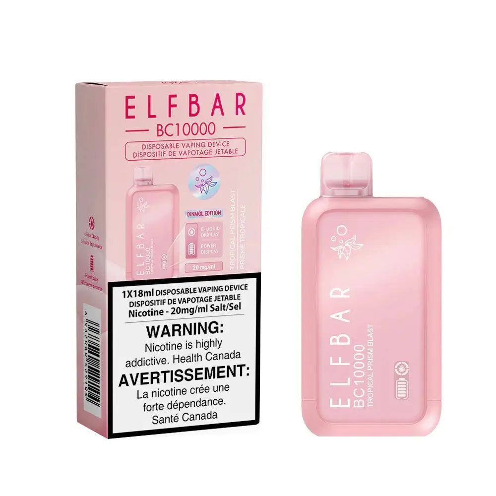 The ELFBAR BC10000 Tropical Prism Blast disposable vape device and its pink packaging featuring a nicotine warning label and product specifications.