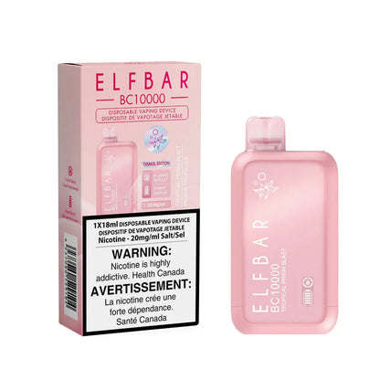 The ELFBAR BC10000 Tropical Prism Blast disposable vape device and its pink packaging featuring a nicotine warning label and product specifications.