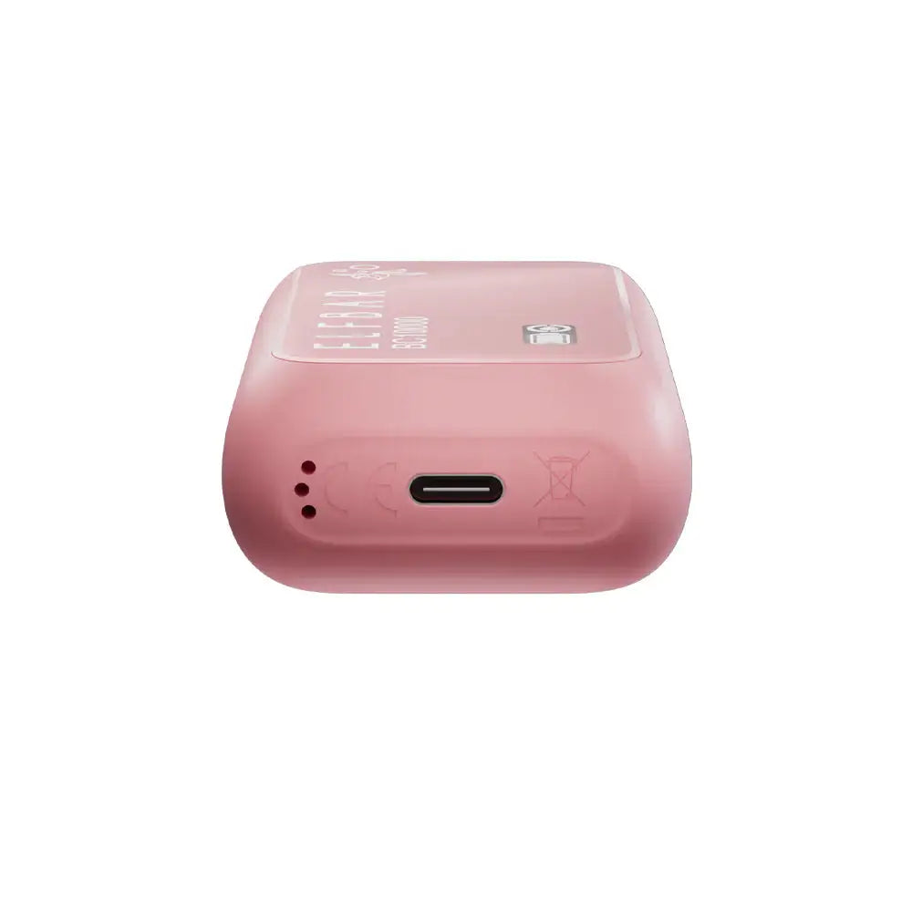Bottom view of a pink ELFBAR BC10000 Tropical Prism Blast disposable vape showing the USB-C charging port and air intake holes on a plain white background.