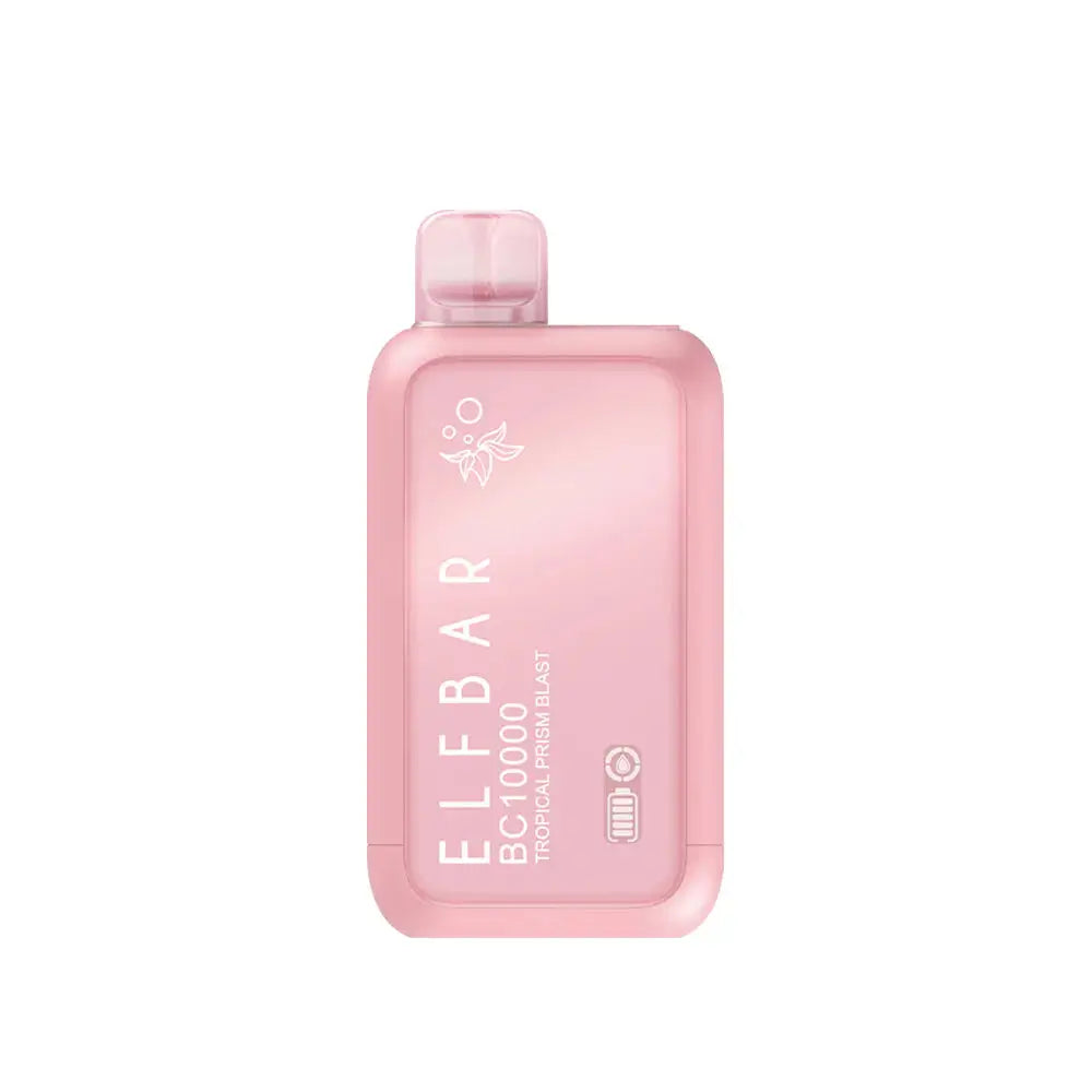 An ELFBAR BC10000 Tropical Prism Blast disposable vape featuring a light pink gradient finish with white text and a clear mouthpiece against a white background.