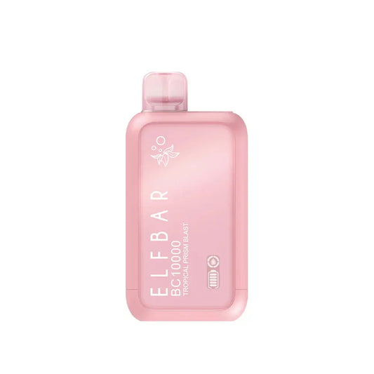 An ELFBAR BC10000 Tropical Prism Blast disposable vape featuring a light pink gradient finish with white text and a clear mouthpiece against a white background.