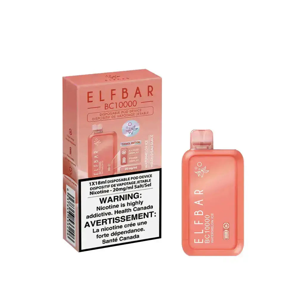 An ELFBAR BC10000 Watermelon Ice disposable vape device and its pink packaging featuring a health warning label and product specifications.