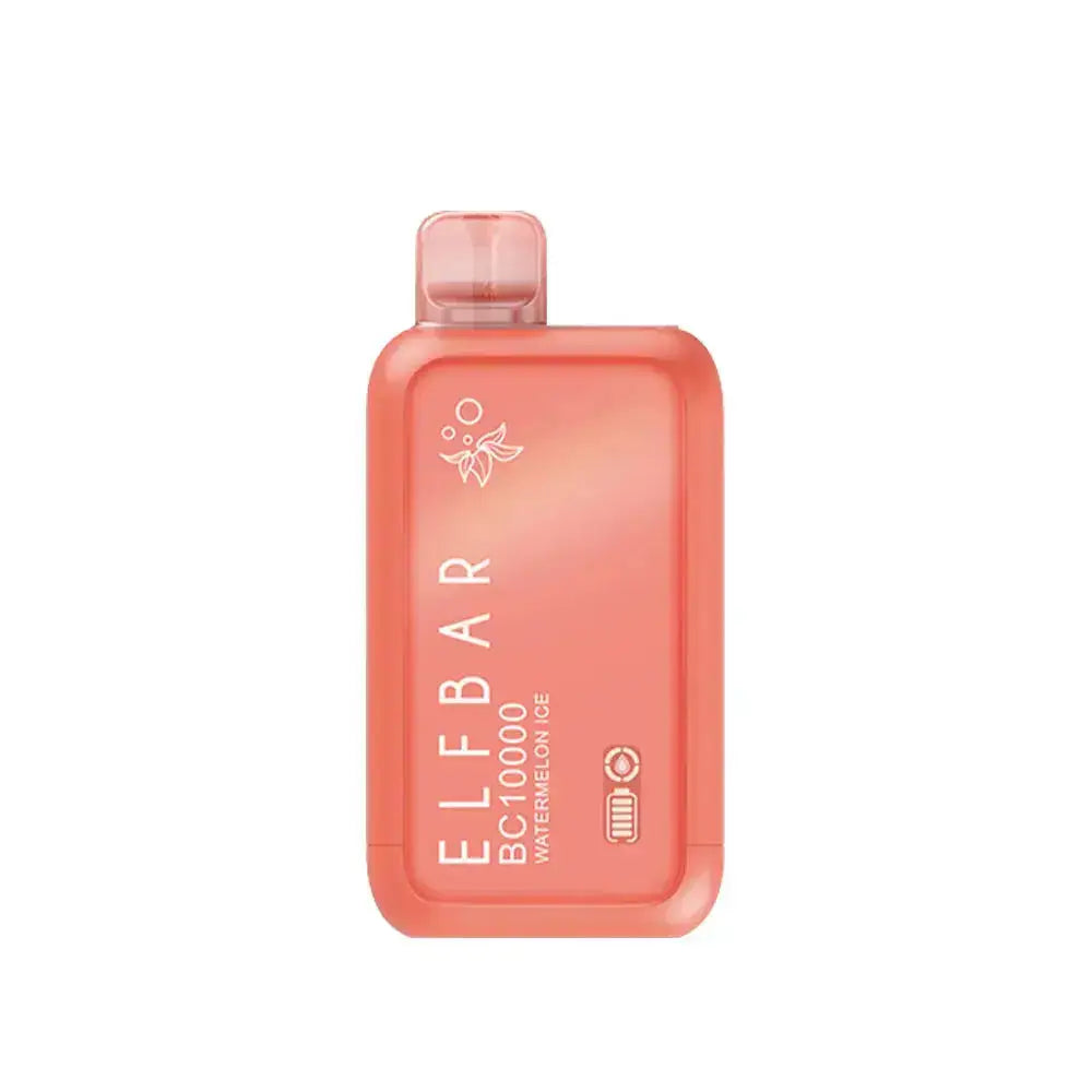 An ELFBAR BC10000 Watermelon Ice disposable vape featuring a coral pink rectangular body with rounded edges, a translucent mouthpiece, and white text reading ELFBAR BC10000 Watermelon Ice alongside a battery and liquid indicator icon.