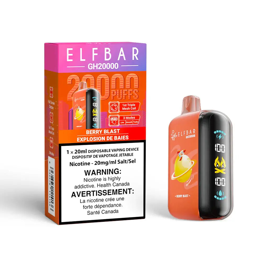 An orange ELFBAR GH20000 Berry Blast disposable vape with a digital side screen stands next to its orange and purple packaging featuring 20000 Puffs and Berry Blast Explosion de Baies text.