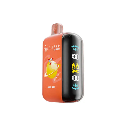 The ELFBAR GH20000 Berry Blast disposable vape features an orange body with a rocket and planet graphic, a black side panel with a digital display showing battery and e-liquid levels, and a translucent mouthpiece.