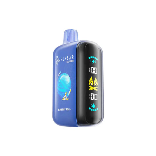 ELFBAR GH20000 Blueberry Pear disposable vape featuring a blue body with a digital side display showing battery and e-liquid levels against a white background.