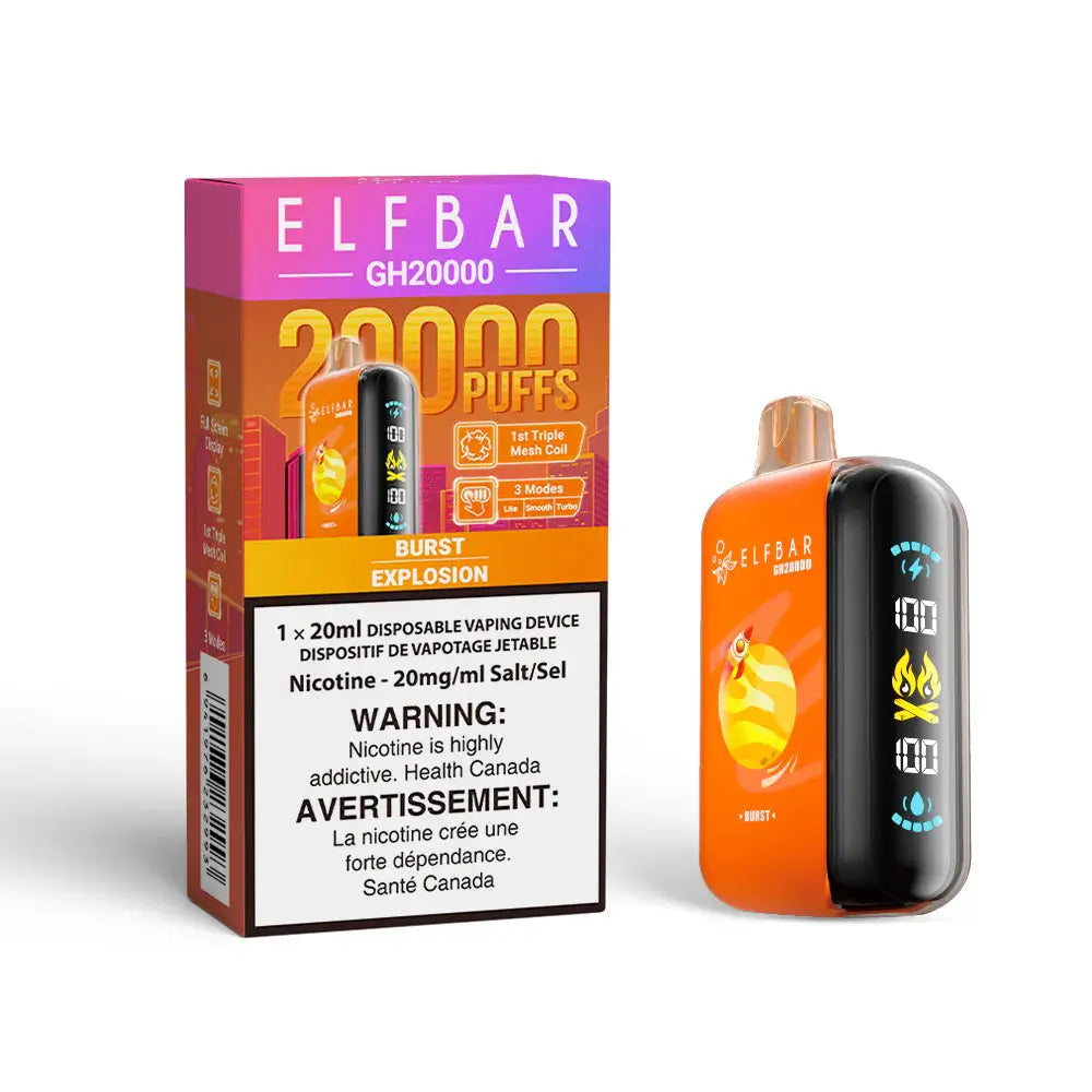 An orange ELFBAR GH20000 Burst disposable vape with a digital display screen stands next to its colorful retail packaging featuring 20000 Puffs and Burst Explosion branding on a white background.
