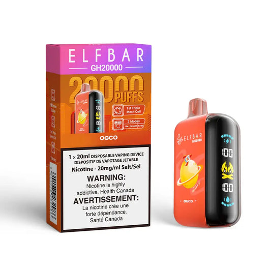An ELFBAR GH20000 OGCO disposable vape device and its orange and purple packaging, featuring a red body with a digital side display and a planet graphic.