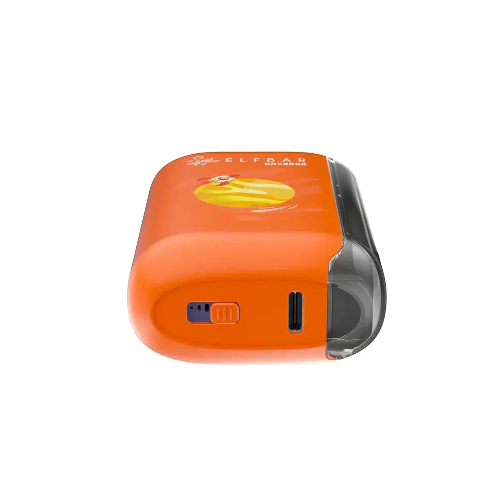 Bottom view of an orange ELFBAR GH20000 Chilled Classic Red disposable vape showing the USB-C charging port and airflow adjustment switch against a white background.