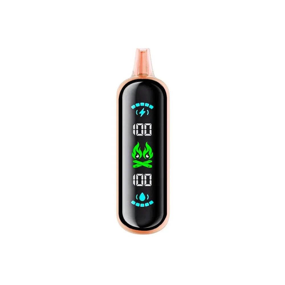 An ELFBAR GH20000 disposable vape in Chilled Classic Red featuring a black digital display screen showing battery and e-liquid levels at 100 percent with a green flame icon.