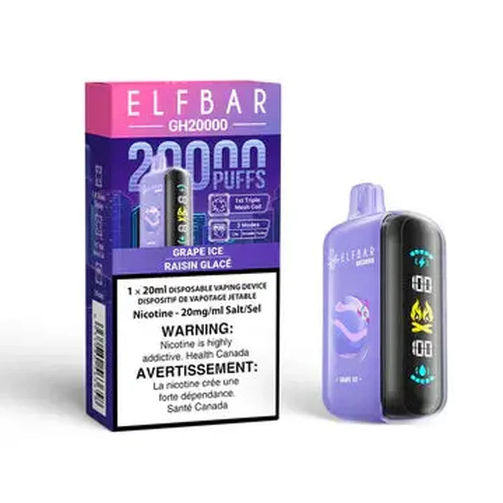 An ELFBAR GH20000 Grape Ice disposable vape device with a purple body and digital screen stands next to its purple and black packaging featuring 20000 Puffs and Grape Ice Raisin Glacé text.