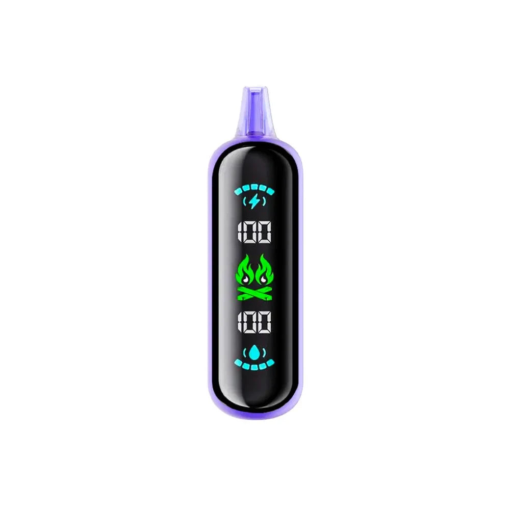 An ELFBAR GH20000 Grape Ice disposable vape featuring a purple body and a large digital display screen showing battery and e-liquid levels with green and blue illuminated icons.