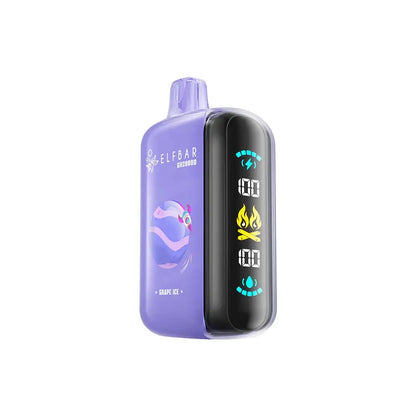 Purple ELFBAR GH20000 Grape Ice disposable vape featuring a digital side display with battery and e-liquid indicators against a plain white background.