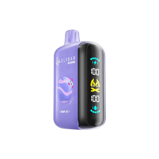 Purple ELFBAR GH20000 Grape Ice disposable vape featuring a digital side display with battery and e-liquid indicators against a plain white background.