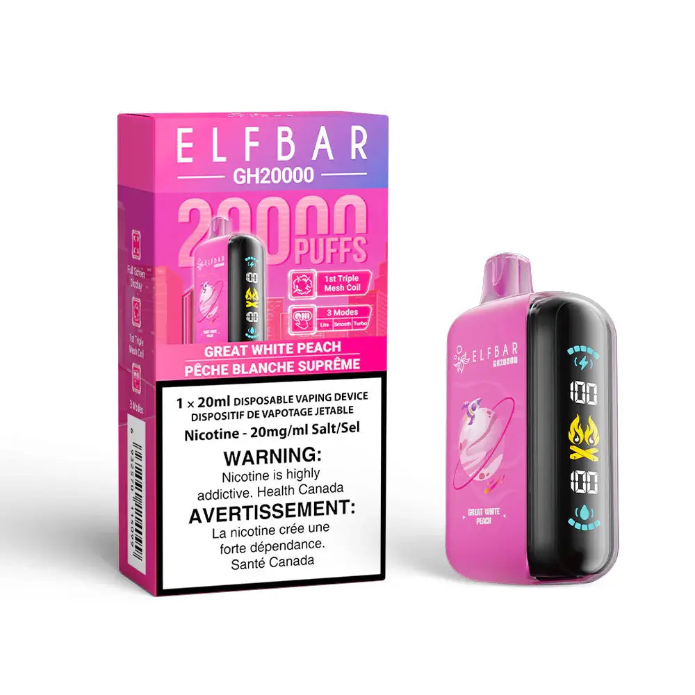 The ELFBAR GH20000 Great White Peach disposable vape device and its pink packaging featuring a digital display screen, 20000 puffs branding, and a 20mg/ml nicotine warning label.
