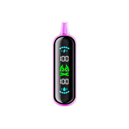 An ELFBAR GH20000 Great White Peach disposable vape featuring a pink body and a digital display screen showing battery and e-liquid levels at 100 percent with a green flame icon.