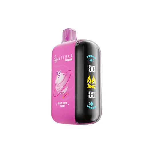 An ELFBAR GH20000 Great White Peach disposable vape featuring a pink body with a peach graphic and a black digital side display showing battery and e-liquid levels.