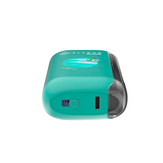 Bottom view of a teal ELFBAR GH20000 disposable vape showing a USB-C charging port and airflow control switch against a white background.