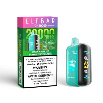 ELFBAR GH20000 Green Apple Ice disposable vape device featuring a teal body with a digital display screen next to its green and purple retail packaging.