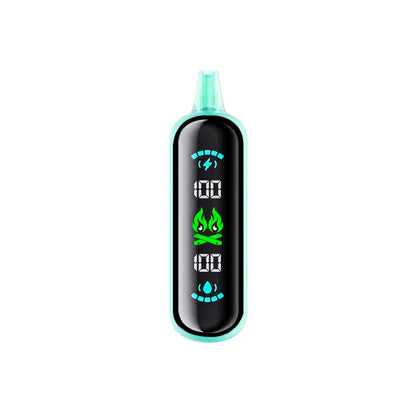 The ELFBAR GH20000 Green Apple Ice disposable vape features a light green body with a large black digital display screen showing battery and e-liquid levels at 100 percent alongside a green flame icon.