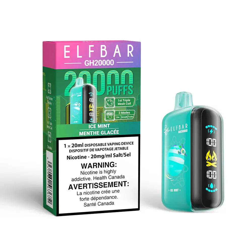 An ELFBAR GH20000 Ice Mint disposable vape device with a digital display screen stands next to its green and purple packaging, which features 20000 Puffs and Ice Mint Menthe Glacée text.