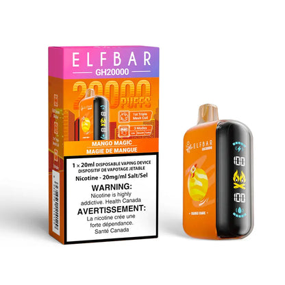 ELFBAR GH20000 Mango Magic disposable vape device featuring an orange body with a digital side display next to its purple and orange retail packaging.
