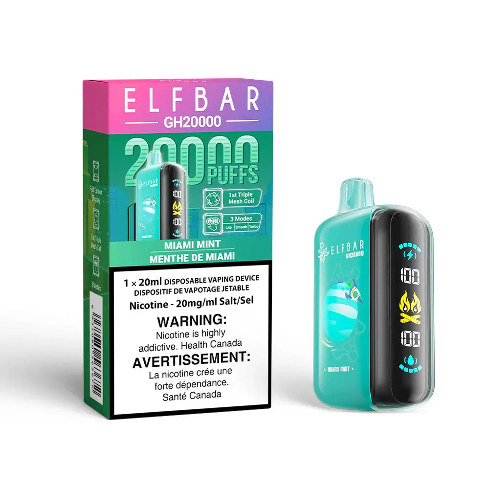 ELFBAR GH20000 Miami Mint disposable vape device and its teal and purple packaging featuring a digital display screen and 20000 puffs branding.