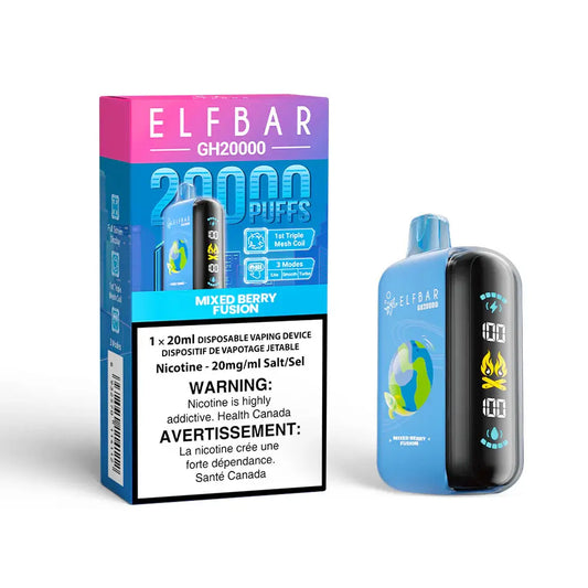 An ELFBAR GH20000 Mixed Berry Fusion disposable vape device and its blue and pink packaging, featuring a digital side display and 20mg/ml nicotine warning label.