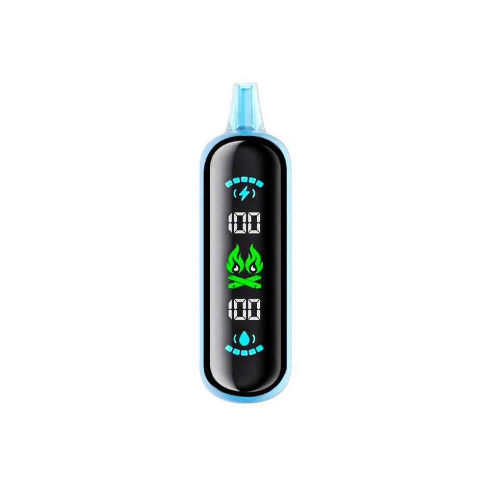 The ELFBAR GH20000 Peach Berry disposable vape features a sleek light blue body with a large black digital display showing battery and e-liquid levels at 100 percent alongside a green flame icon.