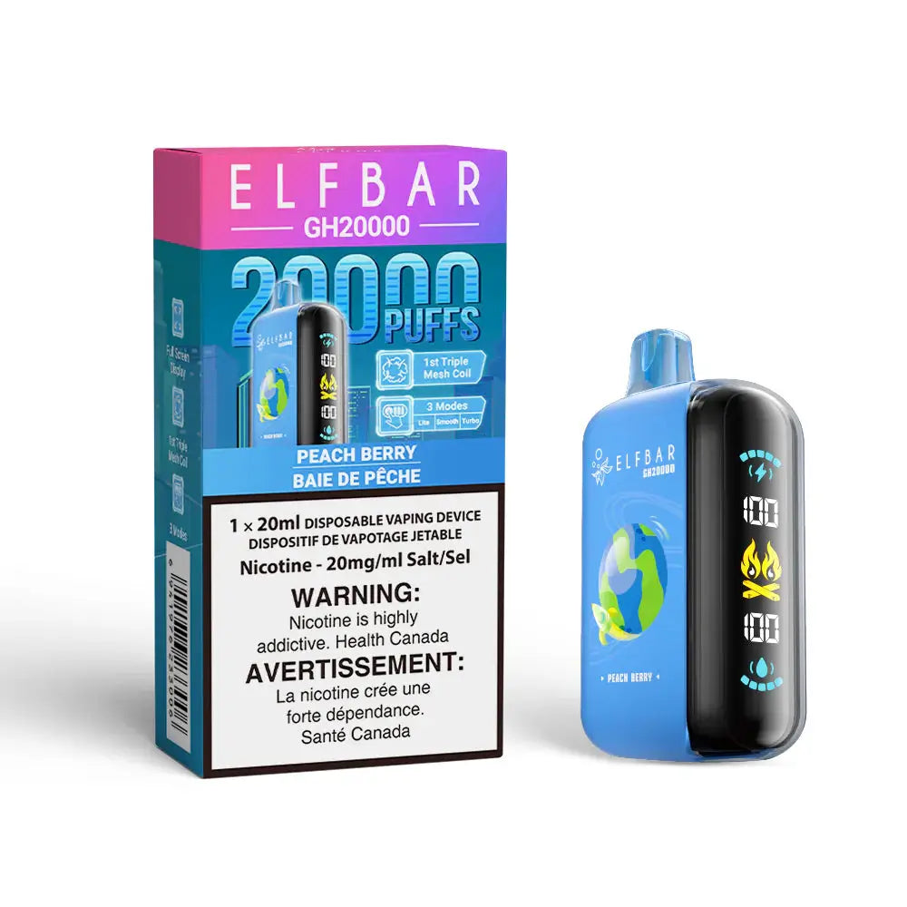 ELFBAR GH20000 Peach Berry disposable vape device and its blue and pink packaging featuring a digital display screen and 20000 puffs branding.