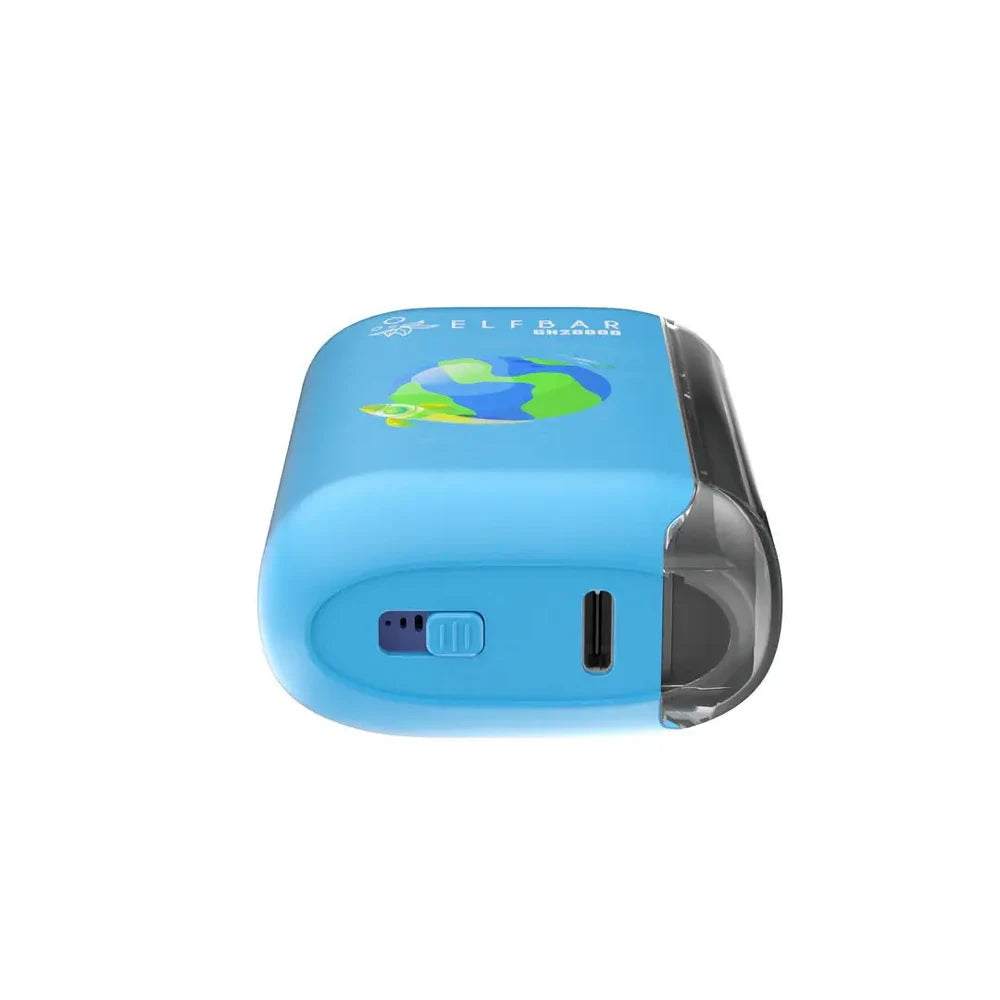 Bottom view of a light blue ELFBAR GH20000 Peach Berry disposable vape showing a USB-C charging port and airflow switch against a white background.