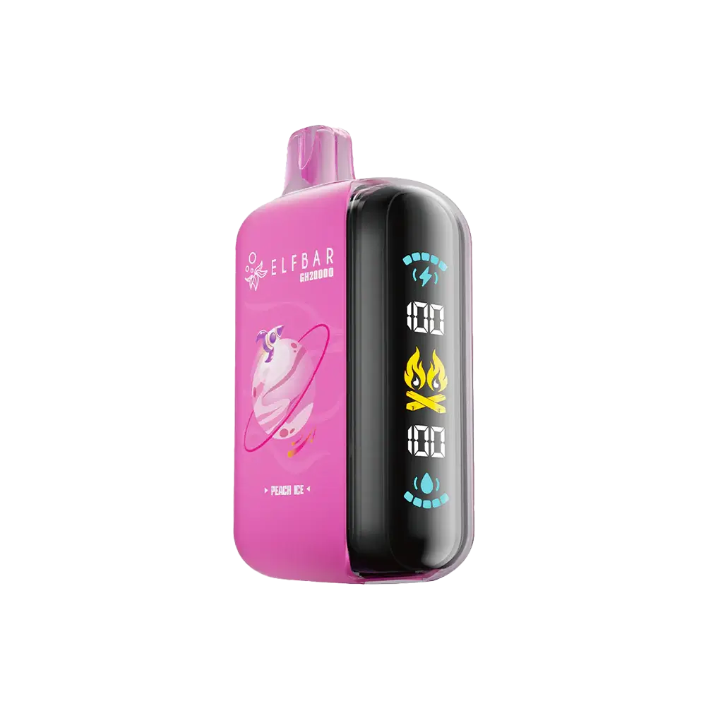 An ELFBAR GH20000 Peach Ice disposable vape featuring a pink matte body with a planet graphic and a side digital display showing battery and e-liquid levels.