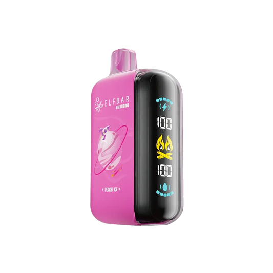 An ELFBAR GH20000 Peach Ice disposable vape featuring a pink matte body with a planet graphic and a side digital display showing battery and e-liquid levels.
