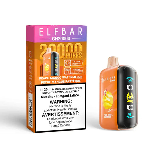 The ELFBAR GH20000 Peach Mango Watermelon disposable vape device stands next to its orange and purple packaging, featuring a digital side display and a 20,000 puff capacity.