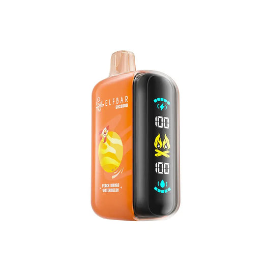 An orange ELFBAR GH20000 Peach Mango Watermelon disposable vape featuring a digital side display showing battery and e-liquid levels against a plain white background.