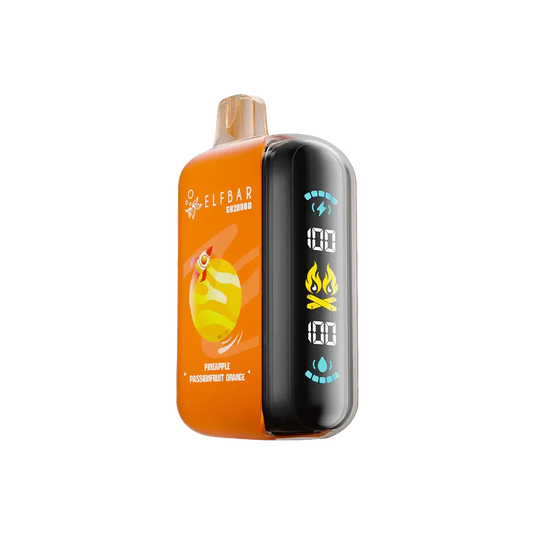 An orange ELFBAR GH20000 Pineapple Passionfruit Orange disposable vape featuring a digital side display with battery and liquid indicators and a rocket graphic on the front.