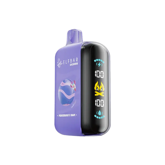 An ELFBAR GH20000 Pomegranate Grape disposable vape featuring a purple body with a rocket planet graphic and a black digital side screen displaying battery and e-liquid levels.