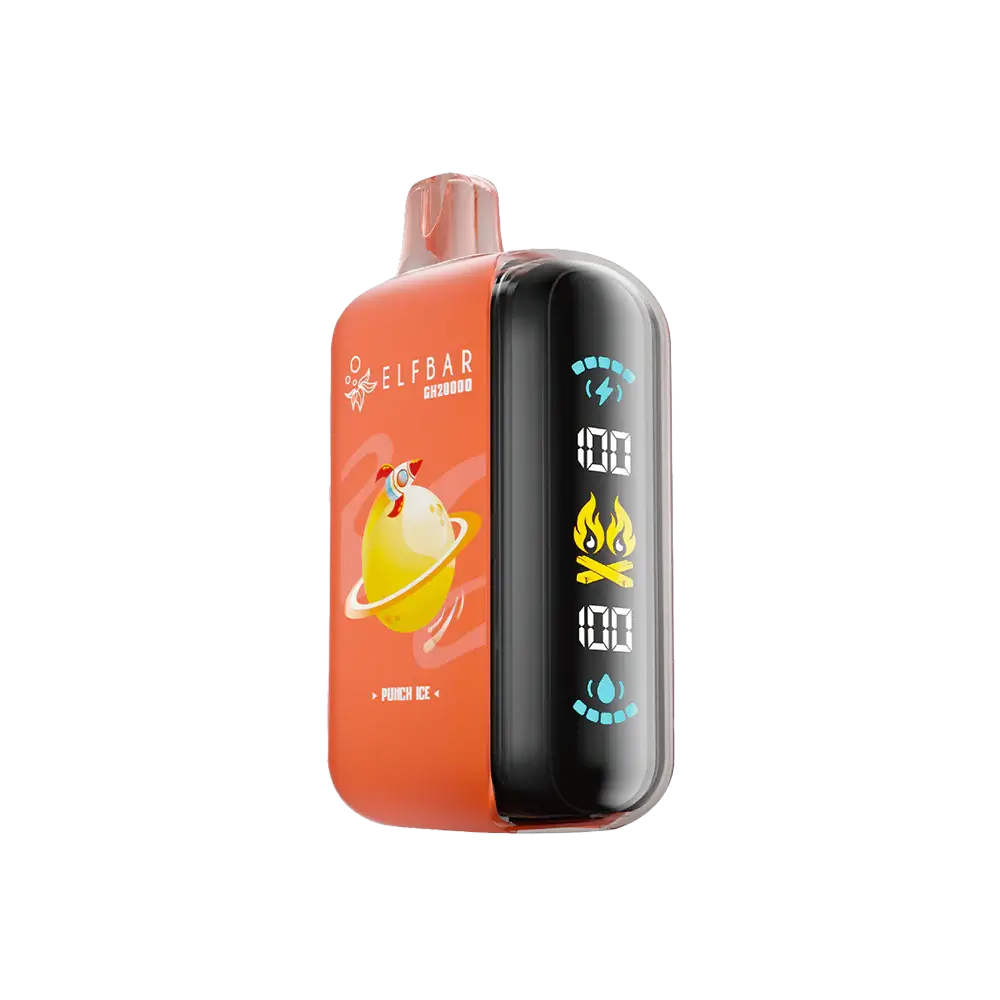 An orange ELFBAR GH20000 Punch Ice disposable vape featuring a rocket and planet graphic, a clear mouthpiece, and a side digital display showing battery and liquid levels.