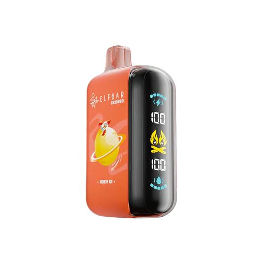 An orange ELFBAR GH20000 Punch Ice disposable vape featuring a rocket and planet graphic, a clear mouthpiece, and a side digital display showing battery and liquid levels.