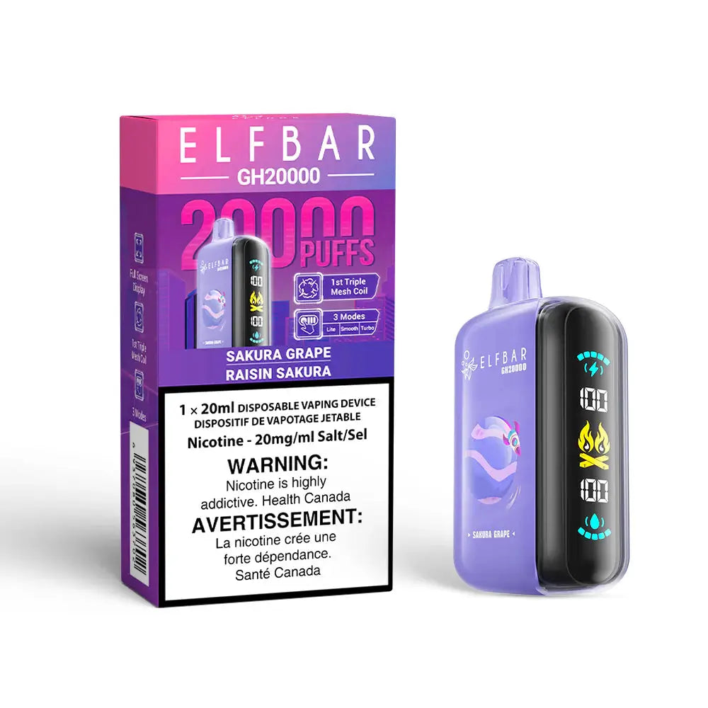 ELFBAR GH20000 Sakura Grape disposable vape and its purple packaging featuring a digital display screen, 20000 puffs branding, and a health warning label.