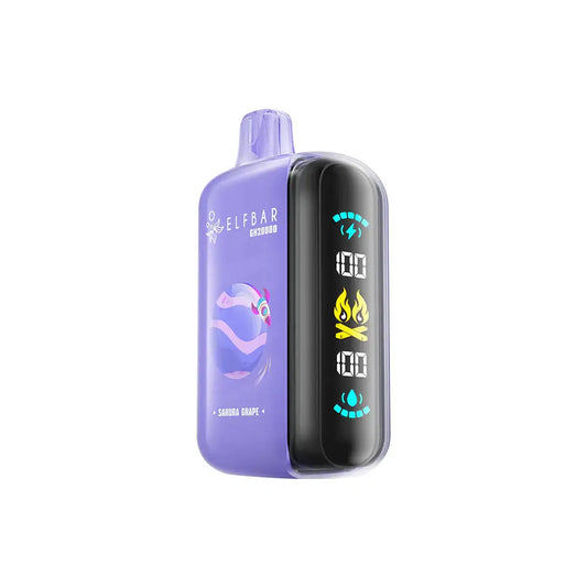 An ELFBAR GH20000 Sakura Grape disposable vape featuring a purple body with a rocket graphic and a side digital display showing battery and e-liquid levels.