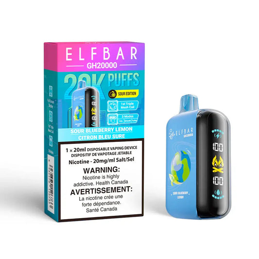 The ELFBAR GH20000 Sour Blueberry Lemon disposable vape device and its colorful packaging featuring a blue and black design with a digital screen displaying battery and liquid levels.