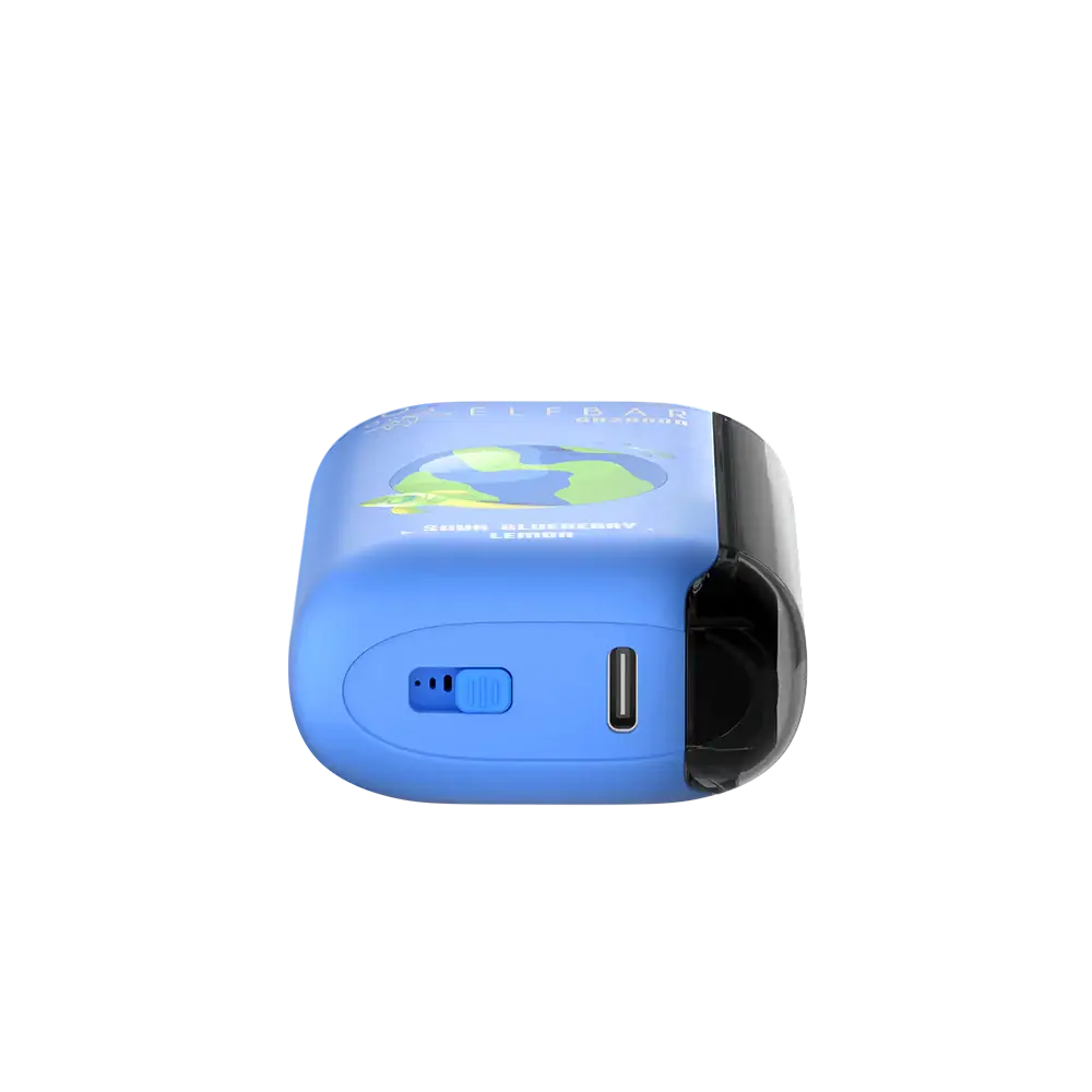 Bottom view of a blue ELFBAR GH20000 Sour Blueberry Lemon disposable vape showing the USB-C charging port and airflow control switch.