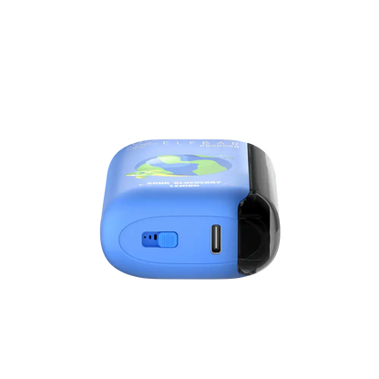 Bottom view of a blue ELFBAR GH20000 Sour Blueberry Lemon disposable vape showing the USB-C charging port and airflow control switch.