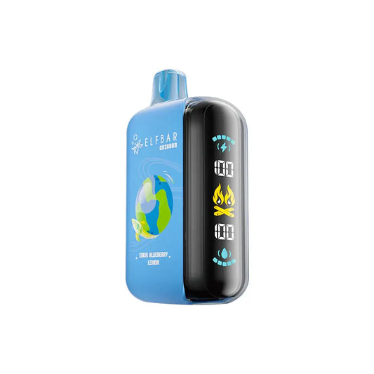 An ELFBAR GH20000 Sour Blueberry Lemon disposable vape featuring a light blue body with an earth graphic and a black digital side display showing battery and e-liquid levels.
